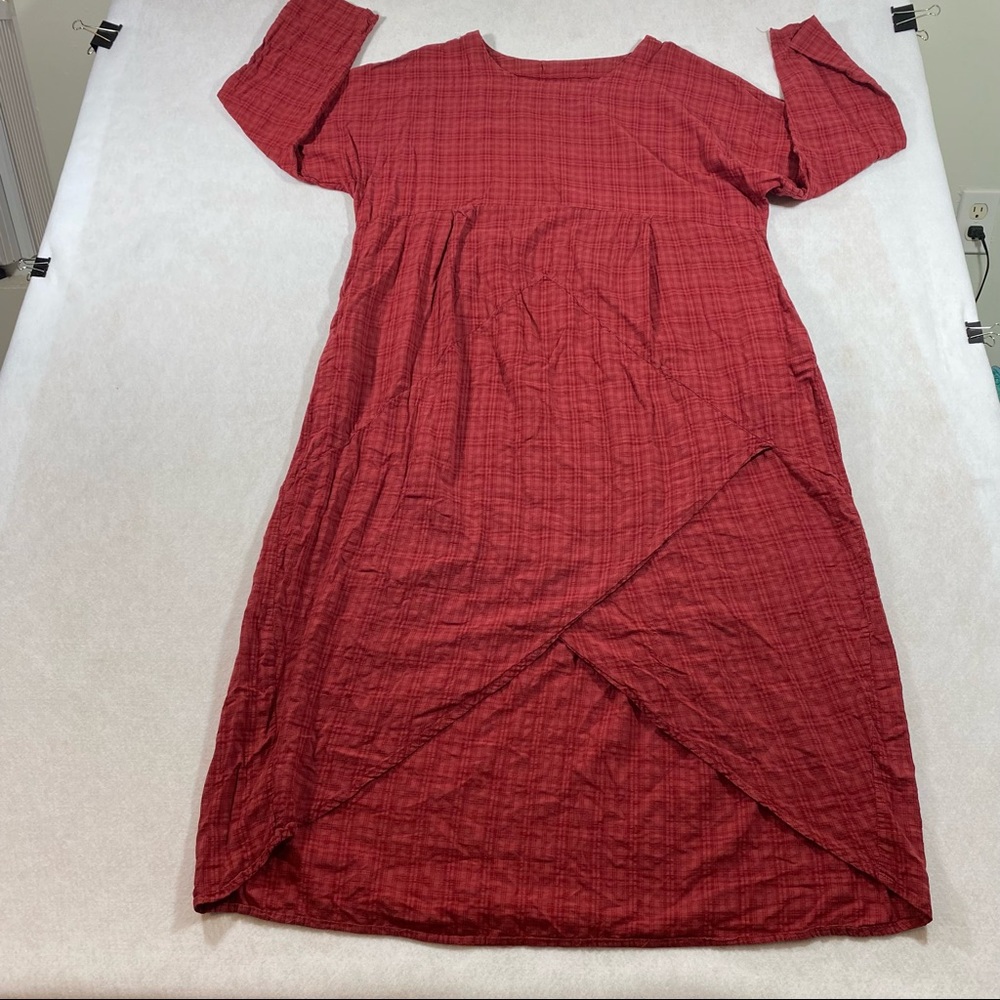 Pilgrim Cottage core Maxi asymmetrical Plaid  Red Dress Long  sleeve Poc…